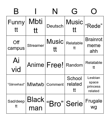 Tiktok Bingo Card