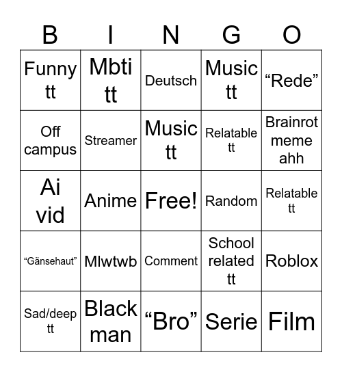 Tiktok Bingo Card