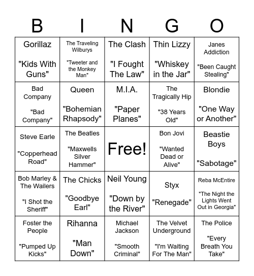 Songs about people committing crime but being very chill about it Bingo Card