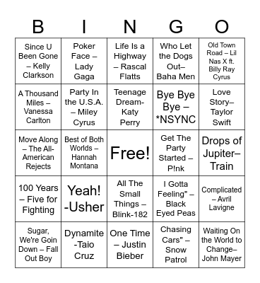 2000s Music Bingo Card
