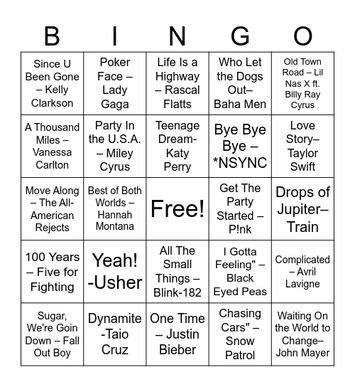 2000s Music Bingo Card