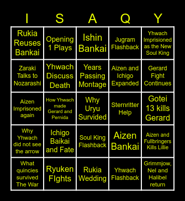TYBW ANIME Bingo Card