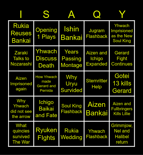 TYBW ANIME Bingo Card