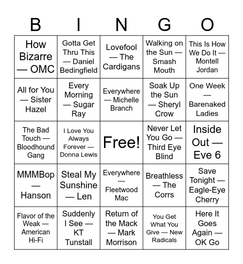 Forgotten Bangers Bingo Card