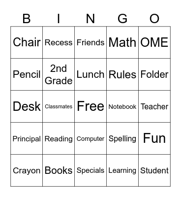 Back to School Bingo Card