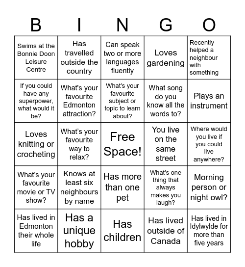 Get to Know Your Neighbours! Bingo Card