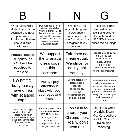 Bio Class Expectations Bingo Card