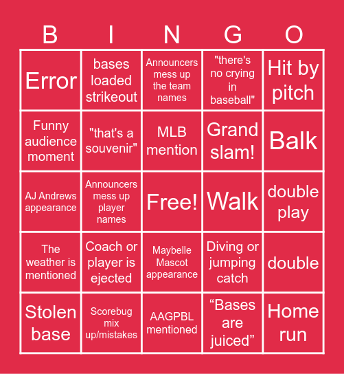 WPBL Bingo Card