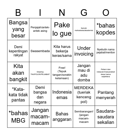 Pidato si bapak ^___^ Bingo Card