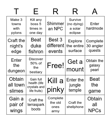 Terraria Bingo Card