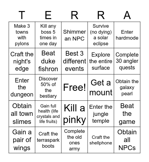 Terraria Bingo Card