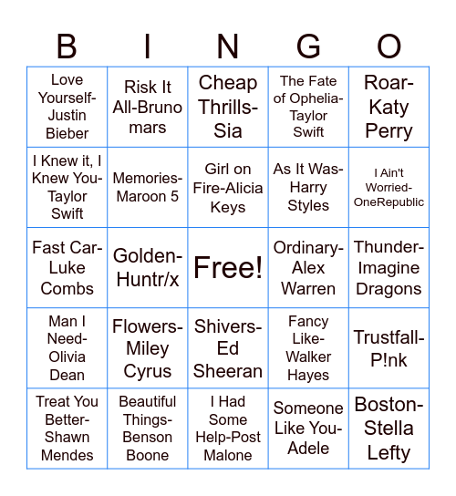 Top Hits Bingo Card