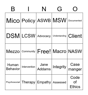 Social Work Bingo Card