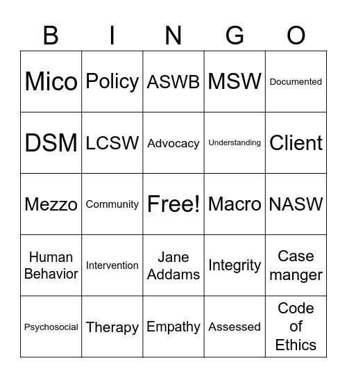 Social Work Bingo Card