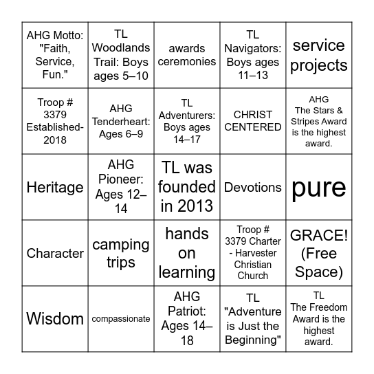 AHG / TL FUN FACTS Bingo Card