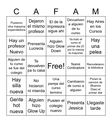 First Day Bingo Card