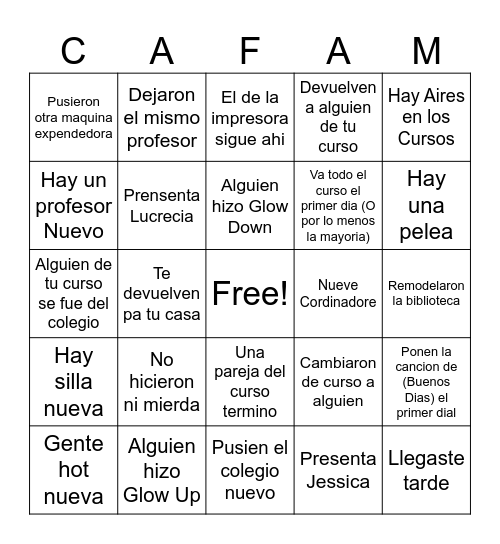 First Day Bingo Card