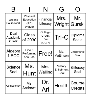 Freshman Orientation Bingo Card