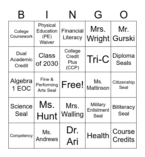 Freshman Orientation Bingo Card
