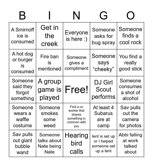 Sweet Camping Bingo Card