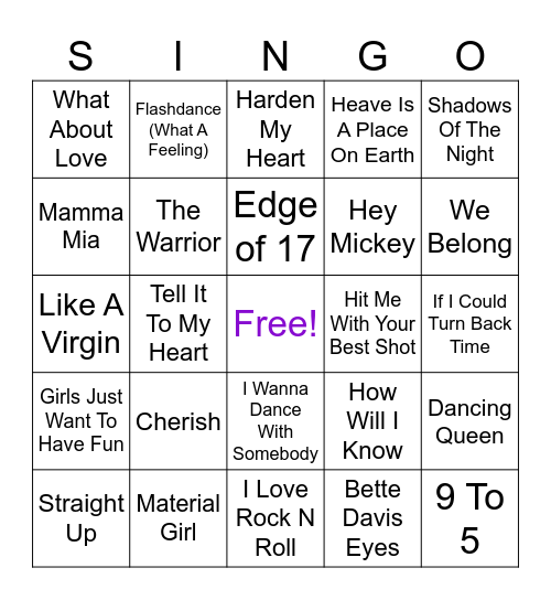 80's Ladies Bingo Card
