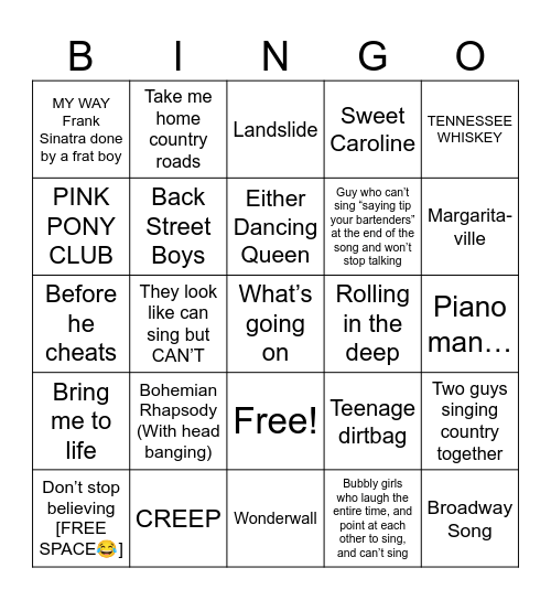 Karaoke Bingo Card