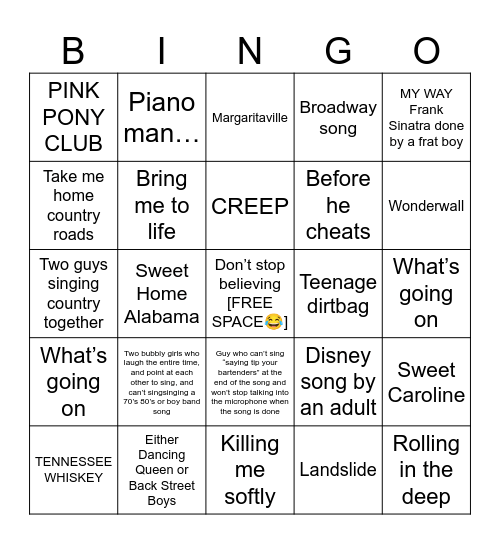 Karaoke Bingo Card