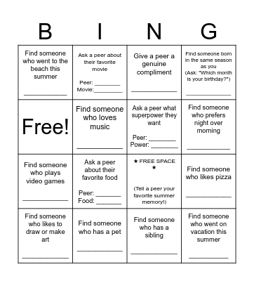End of Summer Conversation Bingo Card