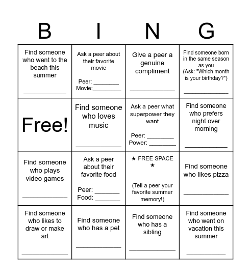 End of Summer Conversation Bingo Card