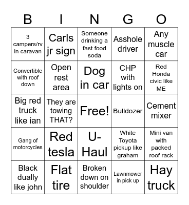 Baker car bingo Card