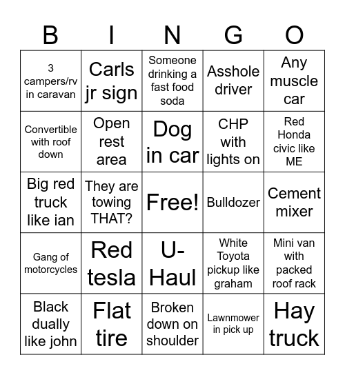 Baker car bingo Card