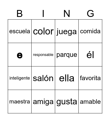 Español: Palabras para escribir Bingo Card