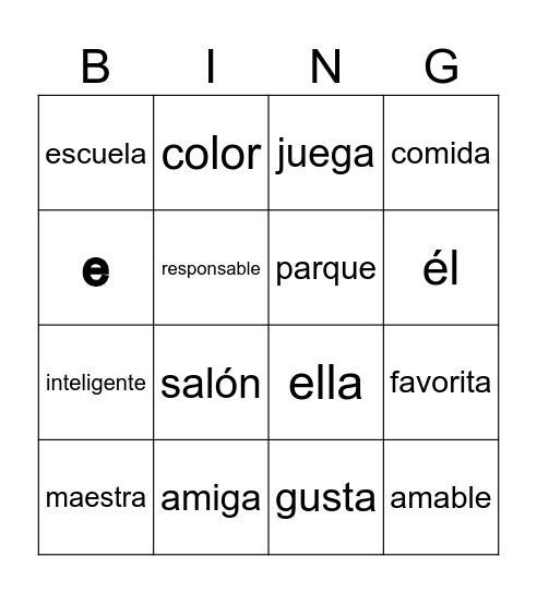 Español: Palabras para escribir Bingo Card
