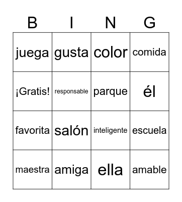 Español, palabras de escritura Bingo Card