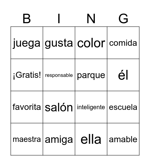 Español, palabras de escritura Bingo Card