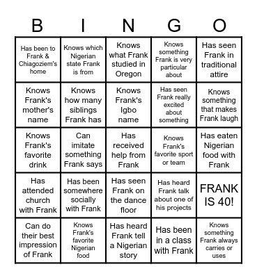 A Frank-@-40-Kinda Bingo! Bingo Card