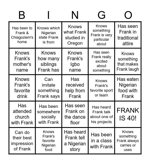 A Frank-@-40-Kinda Bingo! Bingo Card