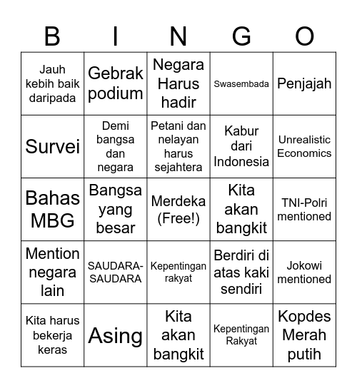 Pidato Wowok HUT RI ke 81 Bingo Card