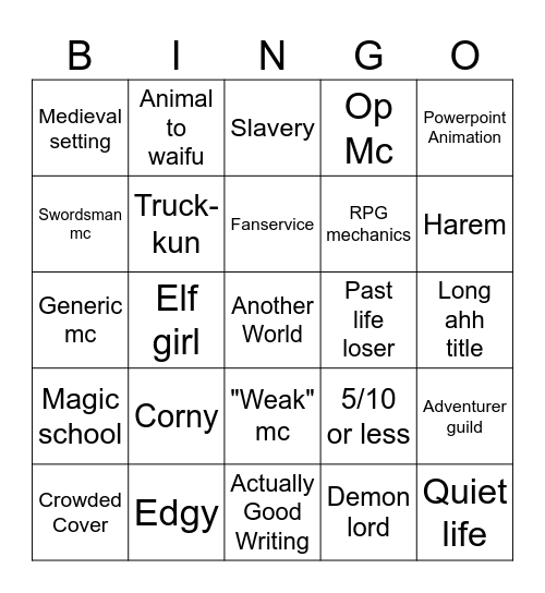 Isekai Bingo Card