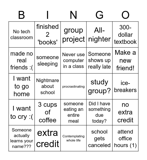 Freshmen College Bingo! (1st sem) Bingo Card