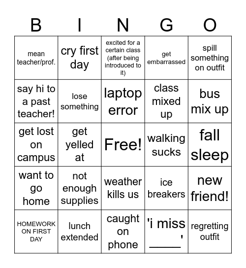 first day junior year Bingo Card
