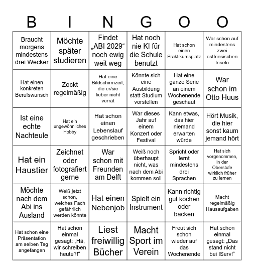 Einführungswoche Jahrgang 11 Bingo Card