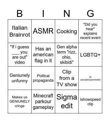 Youtube short bingo Card