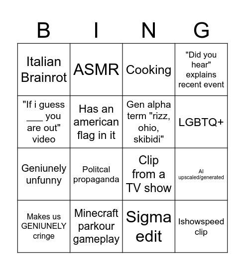 Youtube short bingo Card