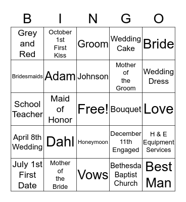 BRIDE Bingo Card