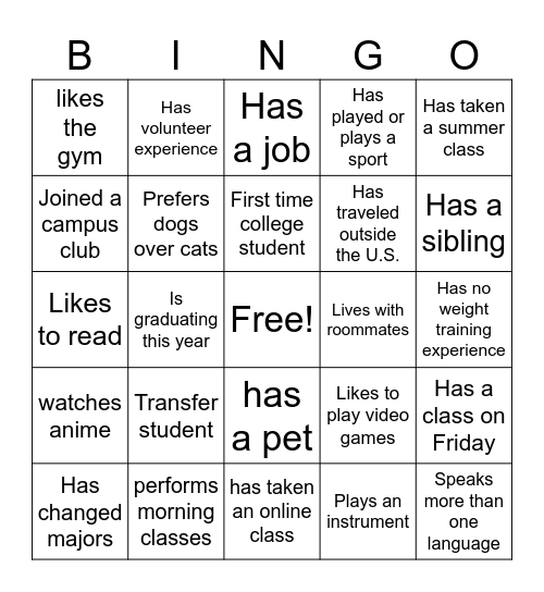 student Bingo Card