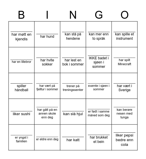 Bli kjent-Bingo: Skriv navnet til en som... Bingo Card