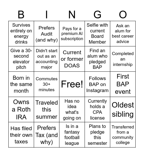 Fall 2026 BAP Bingo! Bingo Card