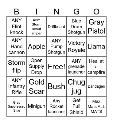 Fortnite Bingo Card