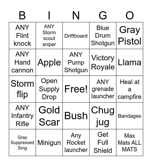 Fortnite Bingo Card